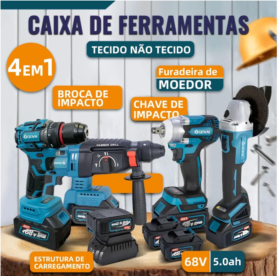 Kit de ferramentas 4 em 1 Furadeira, Chave de fenda/Chave de impacto/Amolador/Martelo 2 baterias de 68 V Caixa - 1 ANO DE GARANTIA -