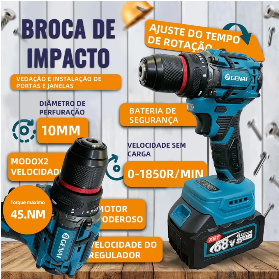 Kit de ferramentas 4 em 1 Furadeira, Chave de fenda/Chave de impacto/Amolador/Martelo 2 baterias de 68 V Caixa - 1 ANO DE GARANTIA -
