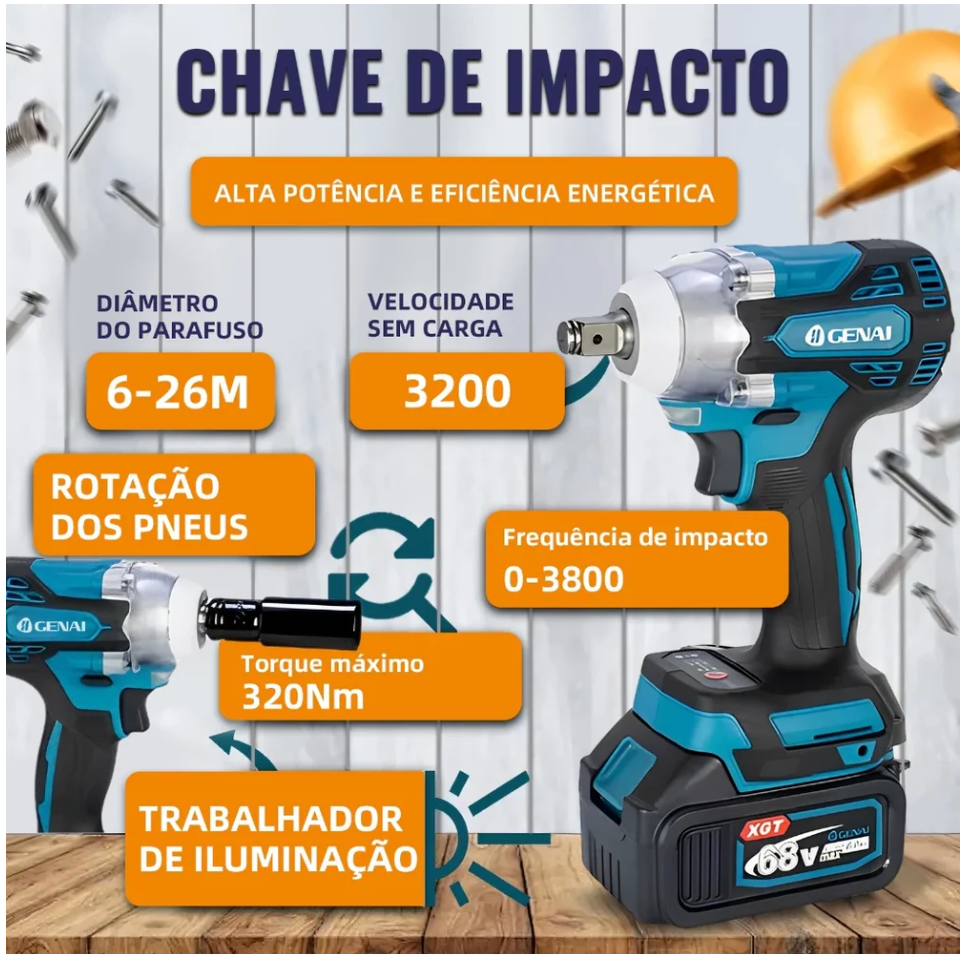 Kit de ferramentas 4 em 1 Furadeira, Chave de fenda/Chave de impacto/Amolador/Martelo 2 baterias de 68 V Caixa - 1 ANO DE GARANTIA -