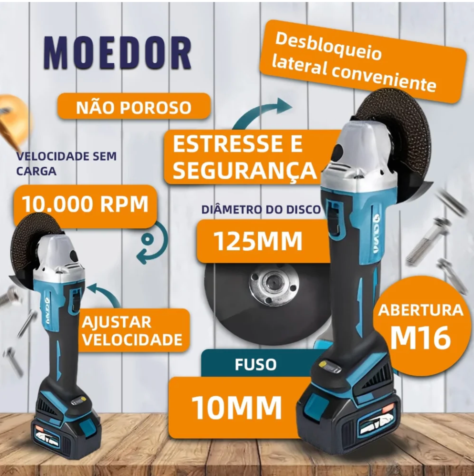 Kit de ferramentas 4 em 1 Furadeira, Chave de fenda/Chave de impacto/Amolador/Martelo 2 baterias de 68 V Caixa - 1 ANO DE GARANTIA -