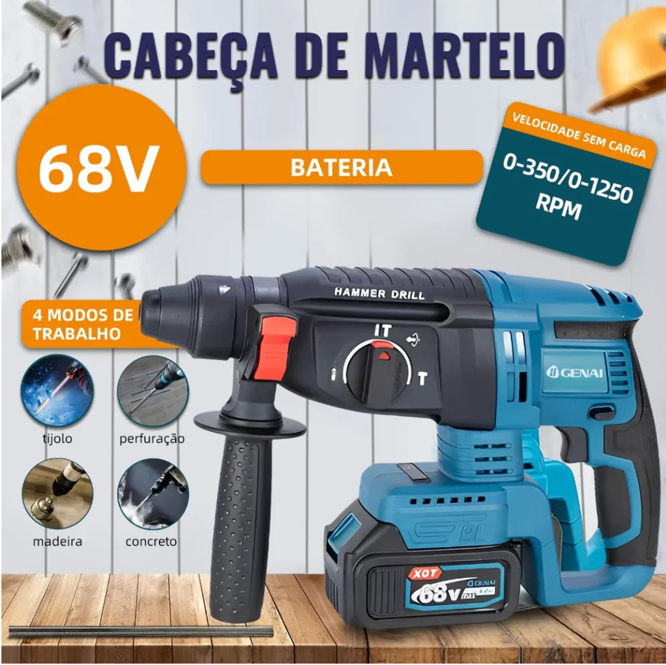 Kit de ferramentas 4 em 1 Furadeira, Chave de fenda/Chave de impacto/Amolador/Martelo 2 baterias de 68 V Caixa - 1 ANO DE GARANTIA -