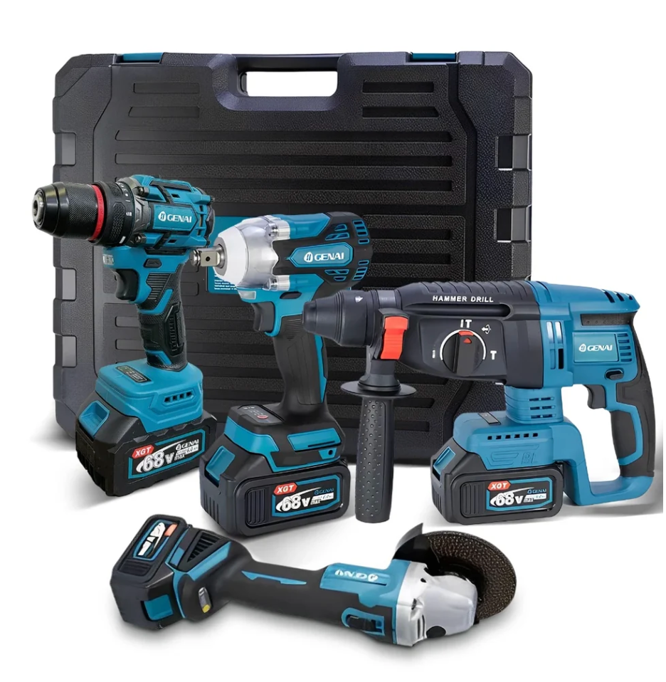 Kit de ferramentas 4 em 1 Furadeira, Chave de fenda/Chave de impacto/Amolador/Martelo 2 baterias de 68 V Caixa - 1 ANO DE GARANTIA -