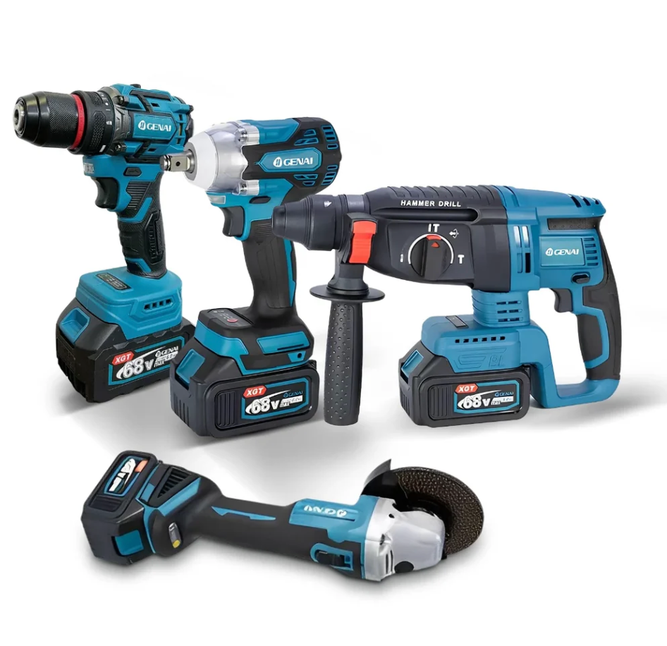 Kit de ferramentas 4 em 1 Furadeira, Chave de fenda/Chave de impacto/Amolador/Martelo 2 baterias de 68 V Caixa - 1 ANO DE GARANTIA -