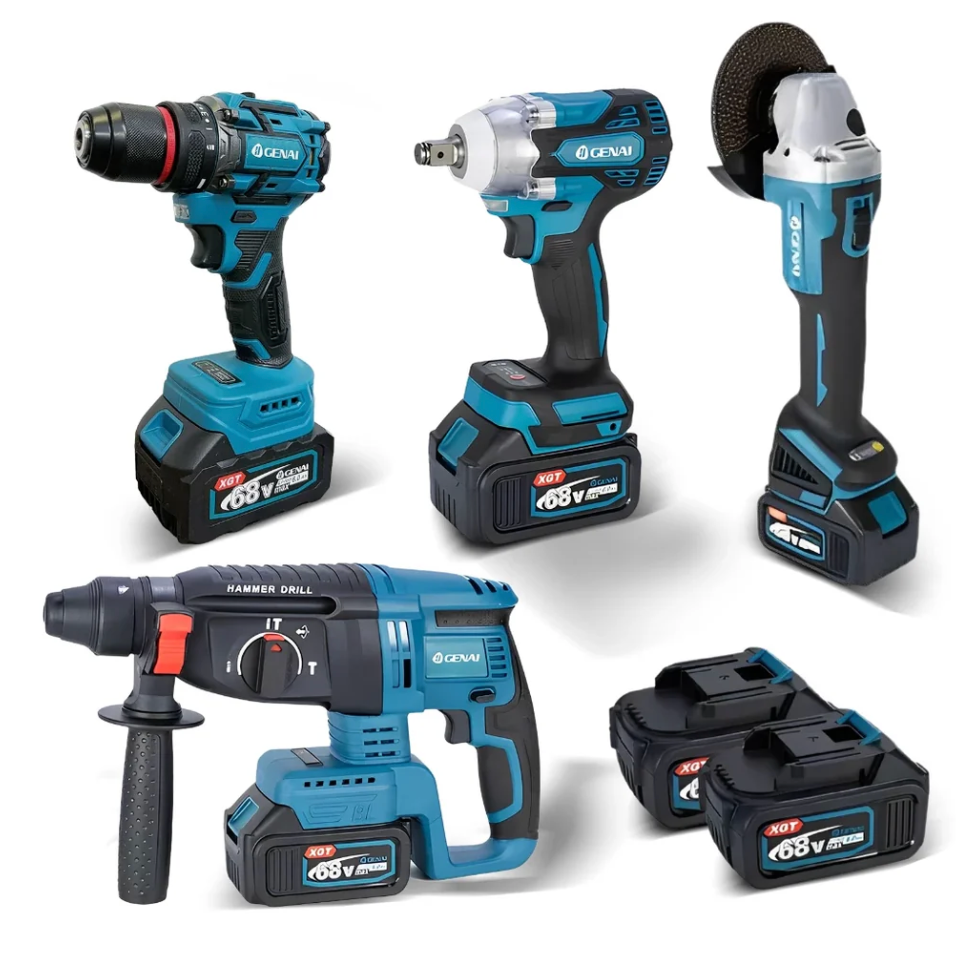 Kit de ferramentas 4 em 1 Furadeira, Chave de fenda/Chave de impacto/Amolador/Martelo 2 baterias de 68 V Caixa - 1 ANO DE GARANTIA -