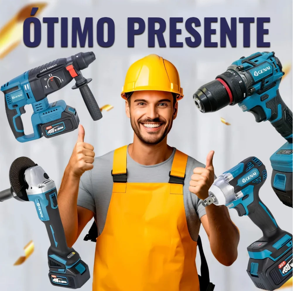 Kit de ferramentas 4 em 1 Furadeira, Chave de fenda/Chave de impacto/Amolador/Martelo 2 baterias de 68 V Caixa - 1 ANO DE GARANTIA -